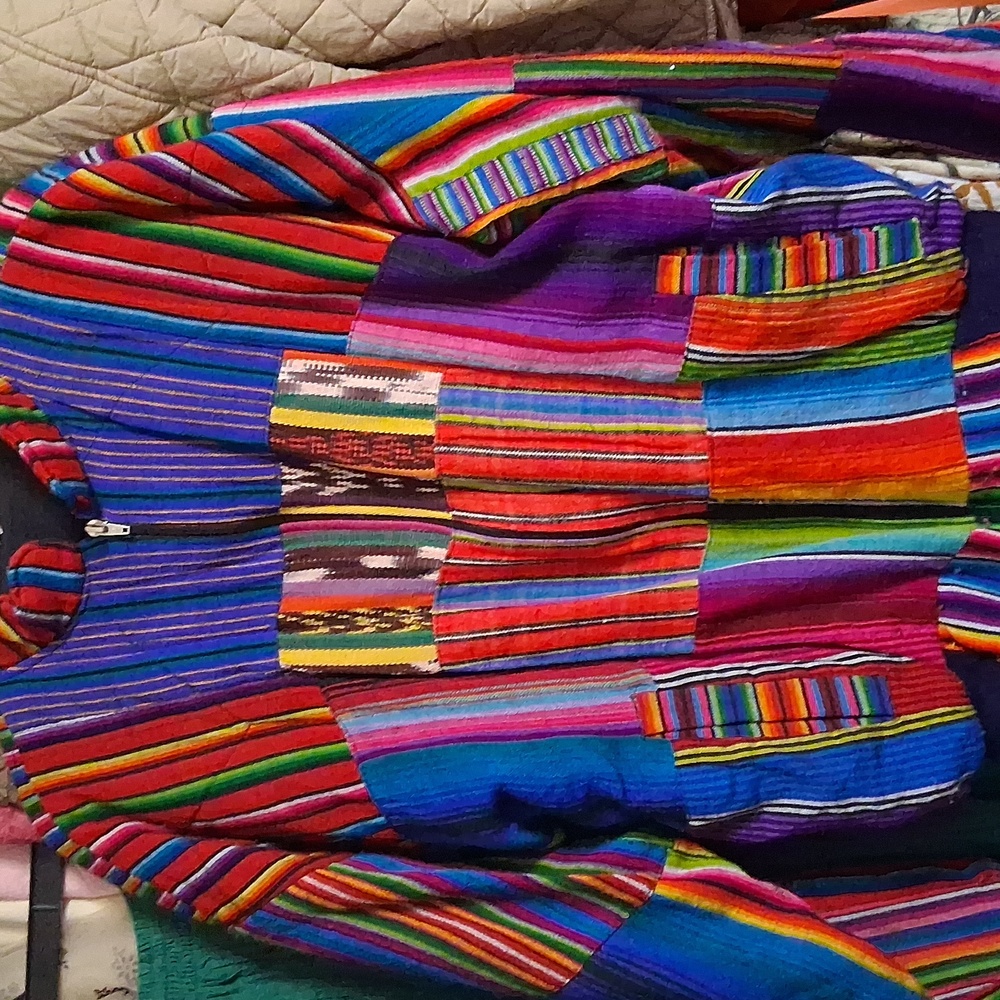 Handmade Serape Multicolor Western Bohemian Zip Up Jacket Size Large - Picture 2 of 9